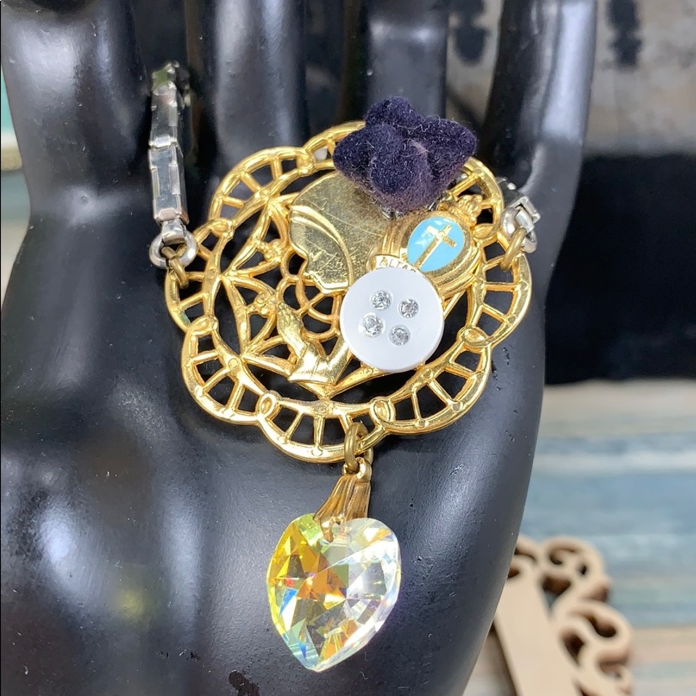 ⭐️Adorned Crown artisan assemblage prayer crystal heart watch band bracelet